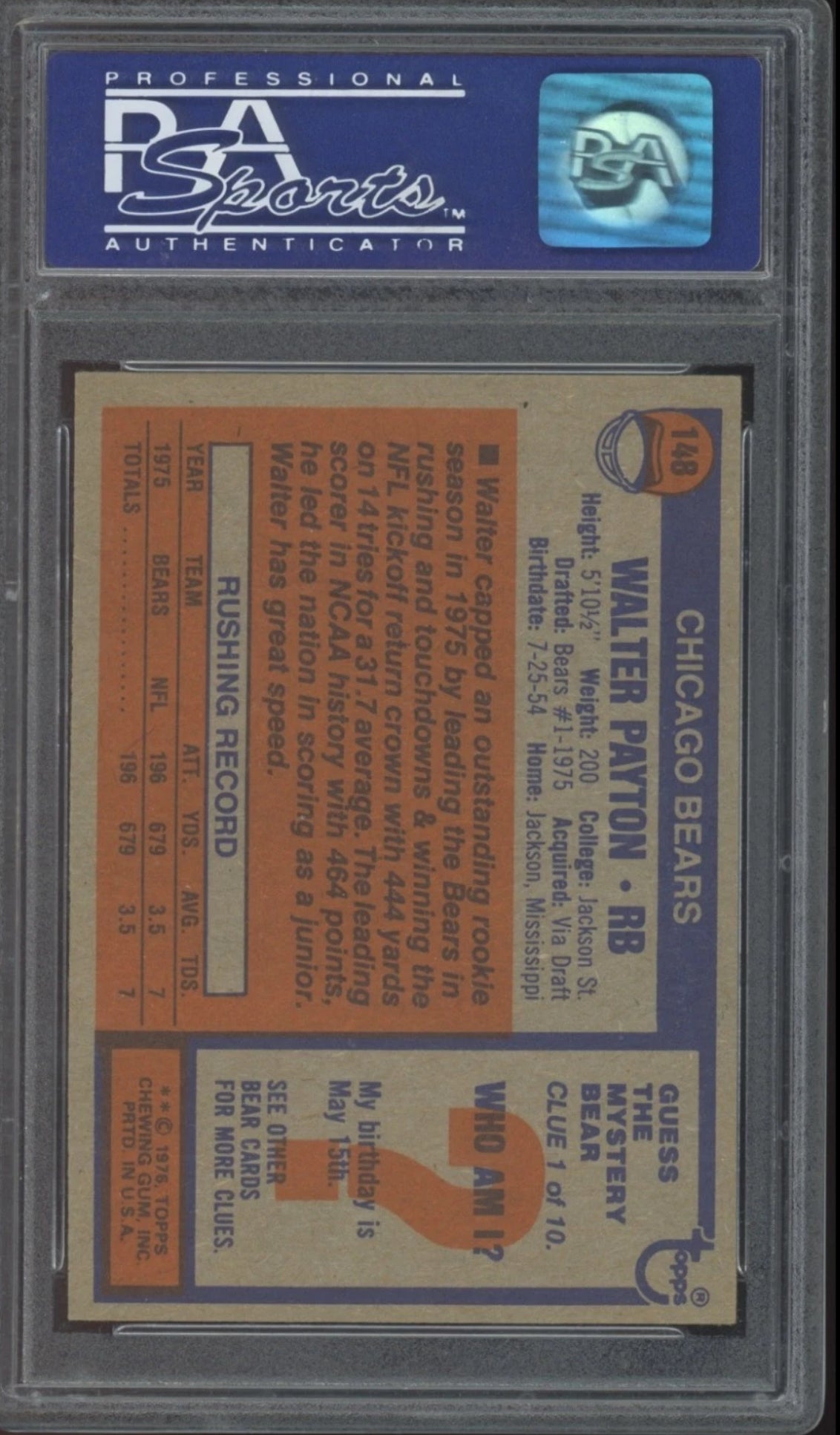 1976 TOPPS #148 WALTER PAYTON PSA 8 Hall of Fame Rookie Card