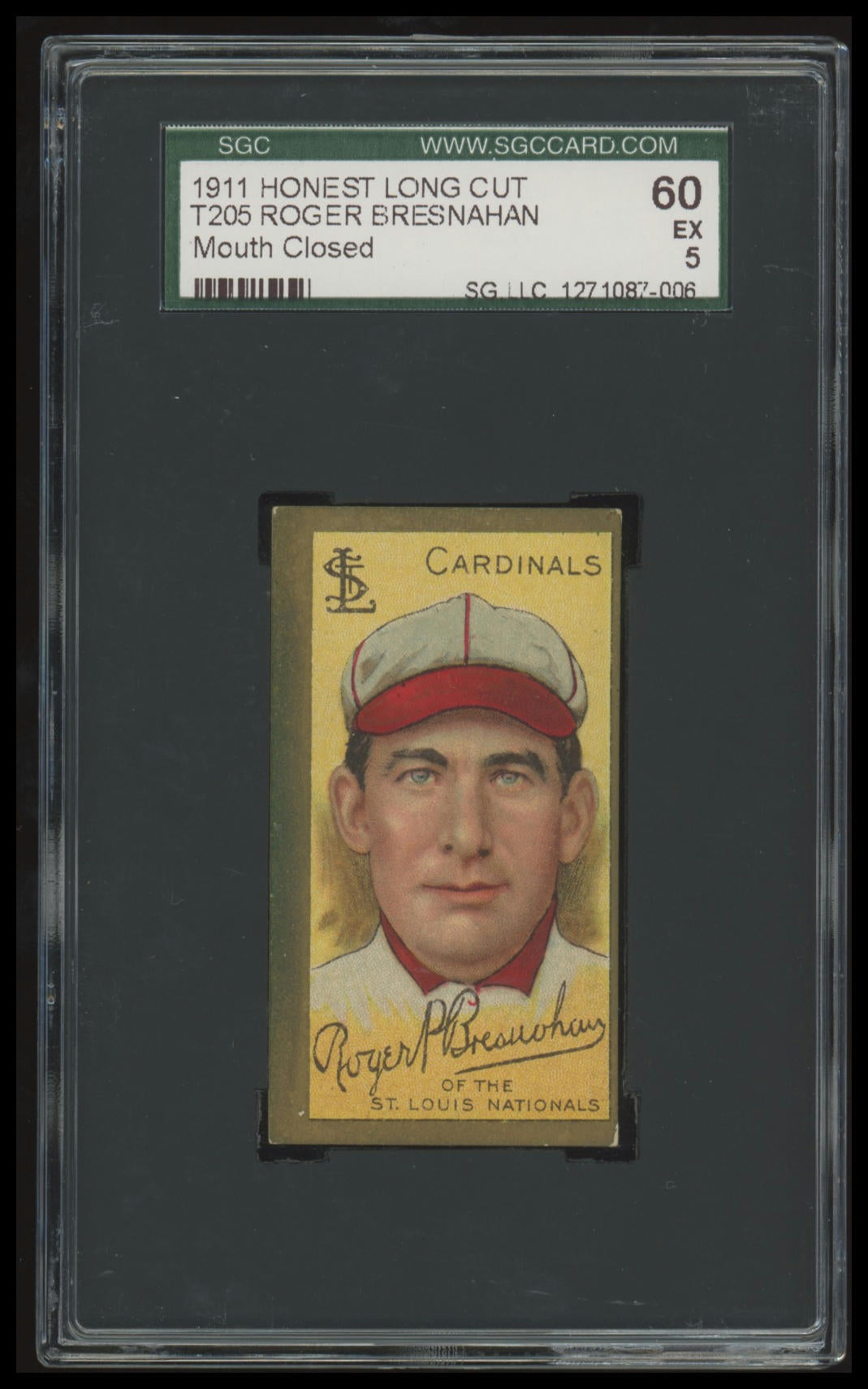 1911 T205 Roger Bresnahan HOF SGC 5 Honest Long Cut