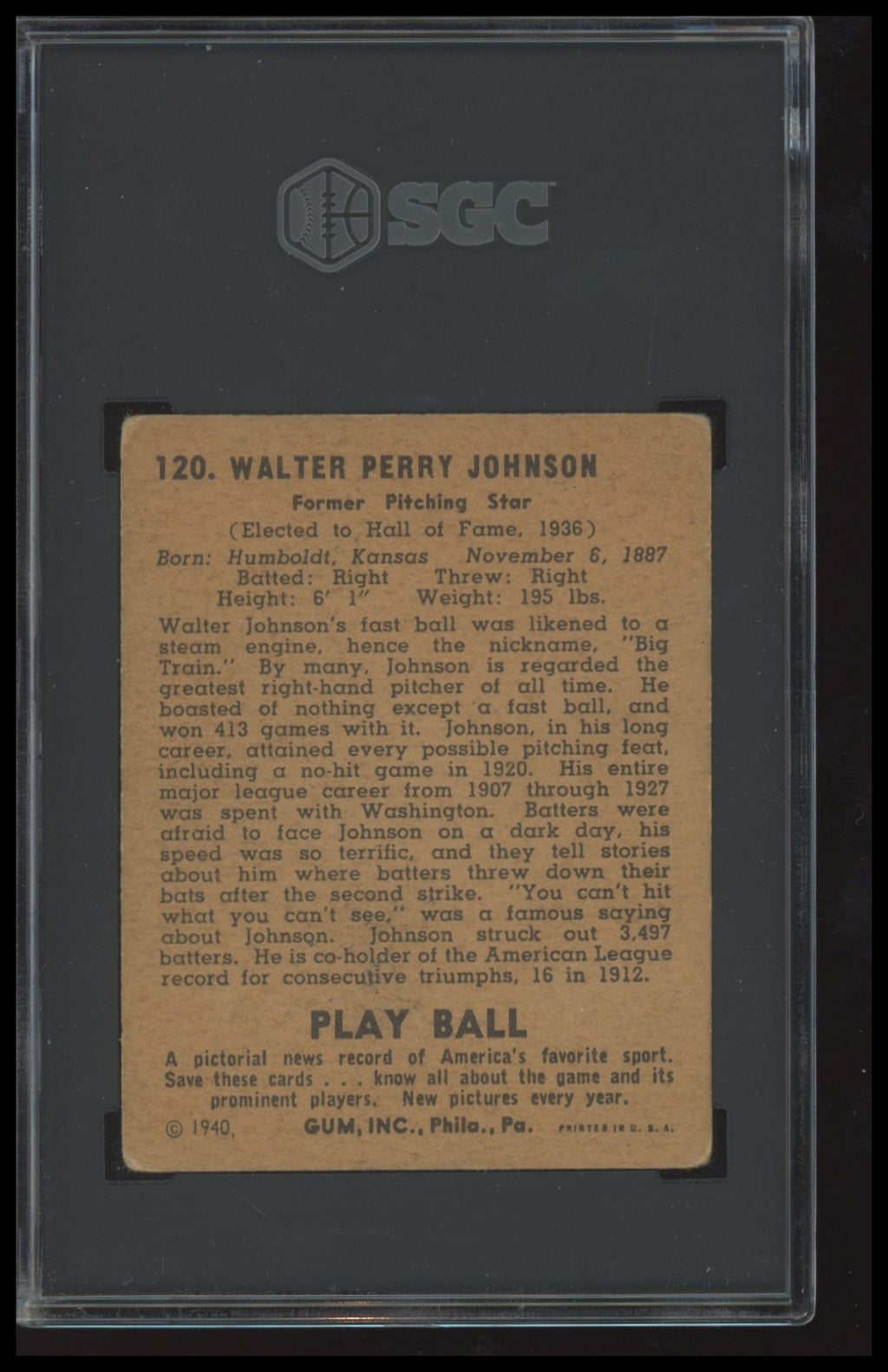 1940 PlayBall Walter Johnson SGC 3