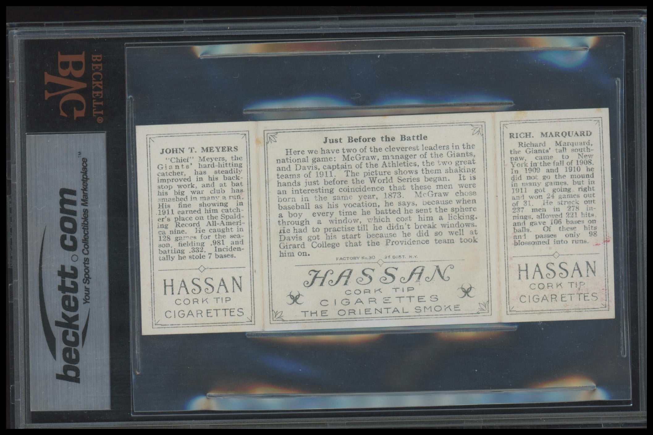 1912 T202 Hassan Baseball #83 Just Before The Battle Marquard Meyers BVG 5.5